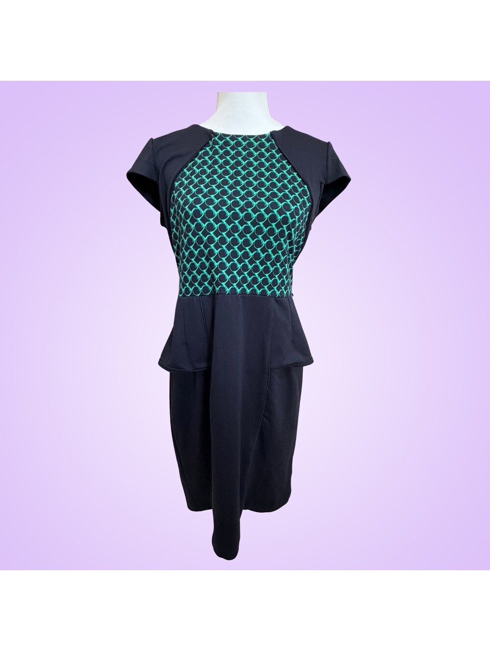 Liz Claiborne Womens Size 10 Navy Teal Geometric Peplum Sheath Career Dress